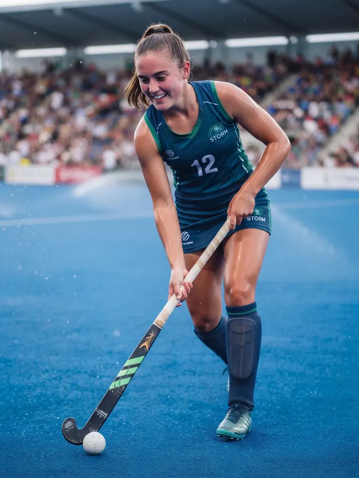 Jugadora de hockey sonriendo con el palo sobre la cancha
